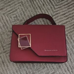 Charles & Keith Burgundy Mini Top-Handle Bag with Gold Accent